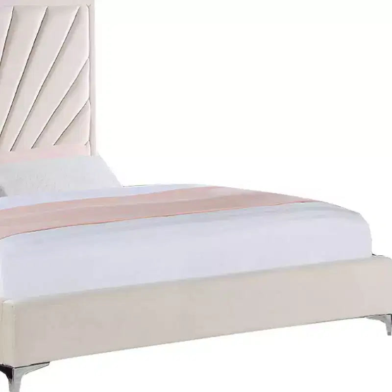 87" Queen Bed Faiz Bed Beige Velvet -: Sunburst Channel-Tufted, Metal Feet, No Box Spring Needed