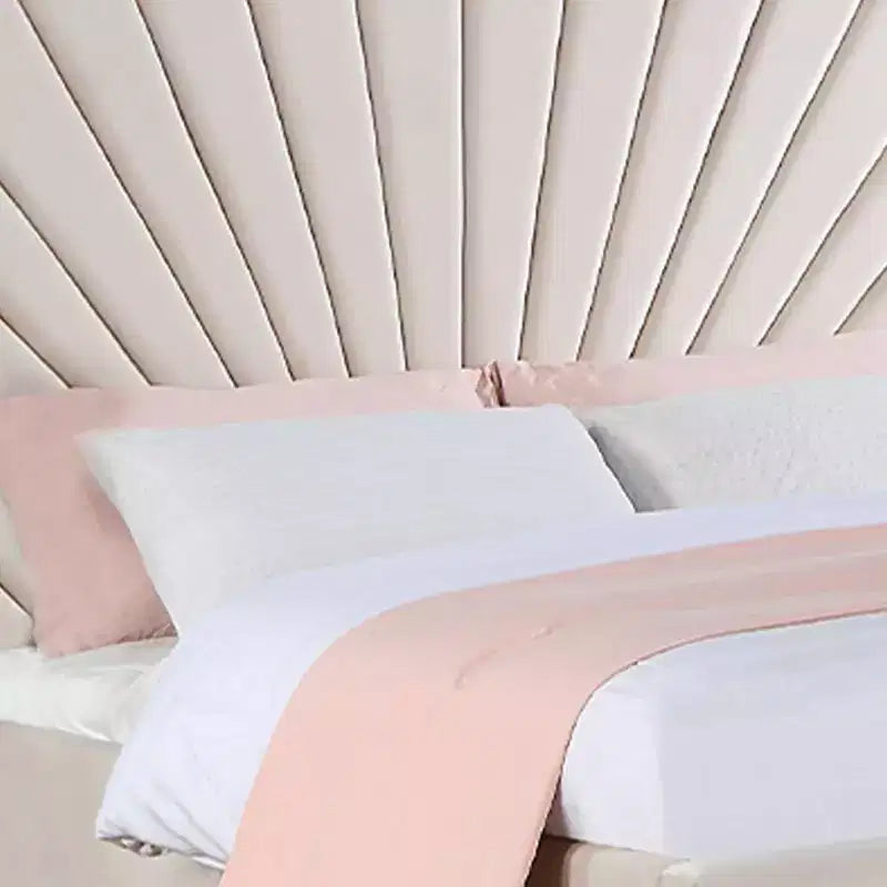 87" Queen Bed Faiz Bed Beige Velvet -: Sunburst Channel-Tufted, Metal Feet, No Box Spring Needed