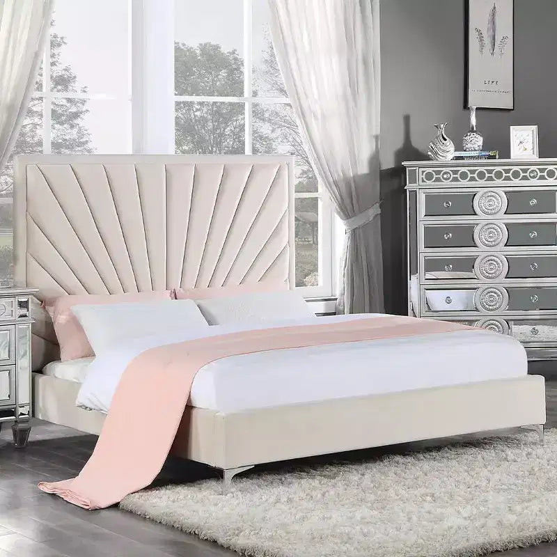 87" Queen Bed Faiz Bed Beige Velvet -: Sunburst Channel-Tufted, Metal Feet, No Box Spring Needed