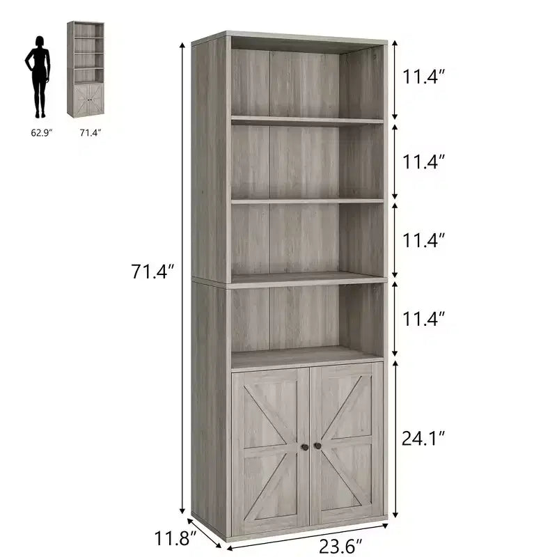 Bookcase with Doors Industrial Bookshelf, Farmhouse Bookcases Wooden 6 Shelf Bookshelvels for Bedroom, Living Room, Home Office