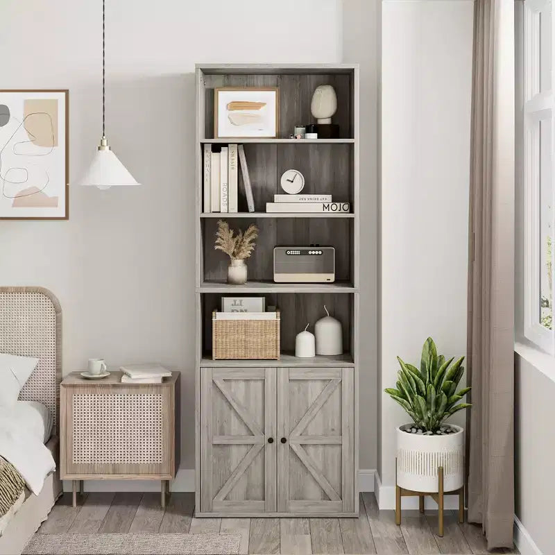 Libreria con ante Scaffale industriale, Librerie in stile rustico in legno a 6 ripiani per camera da letto, soggiorno, ufficio domestico
