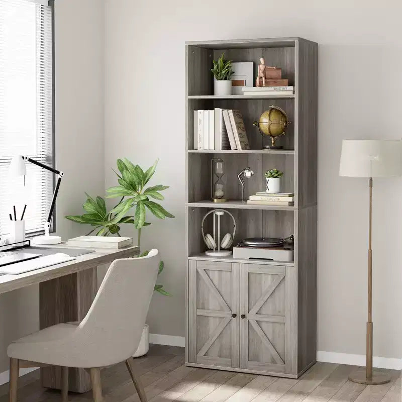 Bookcase with Doors Industrial Bookshelf, Farmhouse Bookcases Wooden 6 Shelf Bookshelvels for Bedroom, Living Room, Home Office