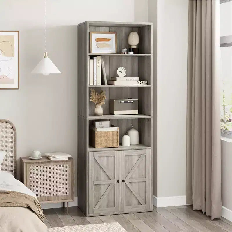Libreria con ante Scaffale industriale, Librerie in stile rustico in legno a 6 ripiani per camera da letto, soggiorno, ufficio domestico