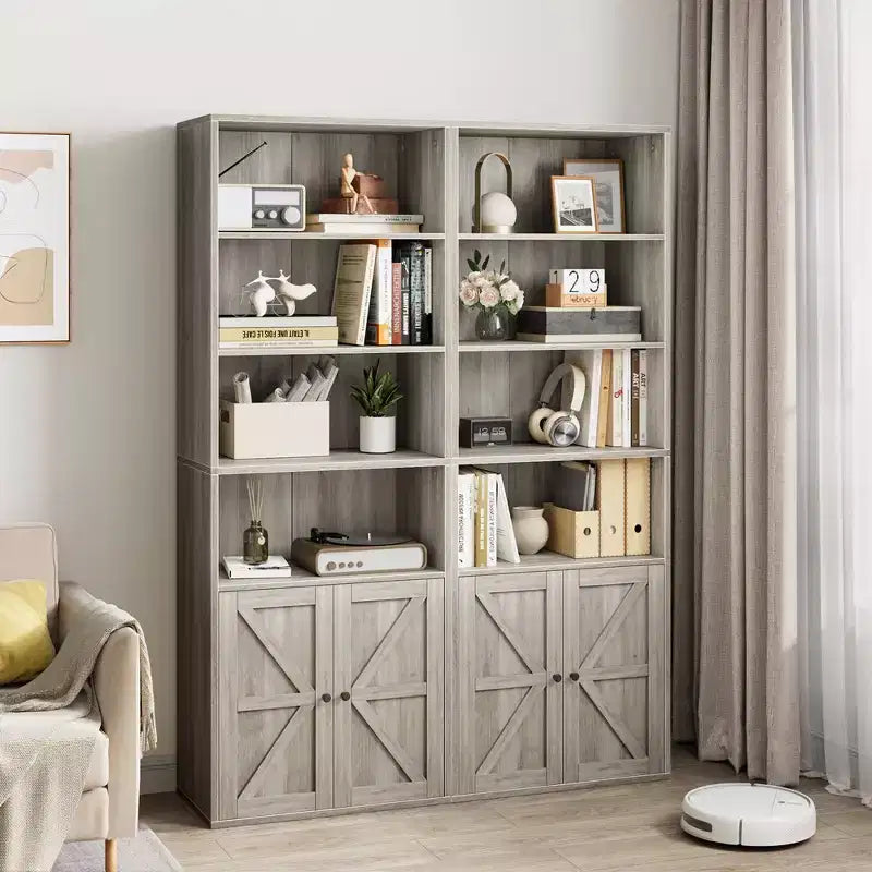 Libreria con ante Scaffale industriale, Librerie in stile rustico in legno a 6 ripiani per camera da letto, soggiorno, ufficio domestico