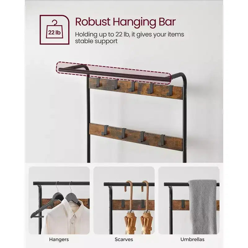 Appendiabiti, Mobile Ingresso con Scarpiera, Panca da Ingresso con Appendiabiti, 4-in-1, con 9 Ganci Rimovibili, un'Asta Appendiabiti