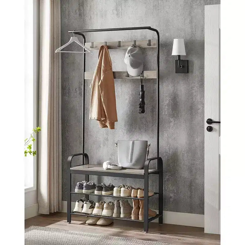 Appendiabiti, Mobile Ingresso con Scarpiera, Panca da Ingresso con Appendiabiti, 4-in-1, con 9 Ganci Rimovibili, un'Asta Appendiabiti