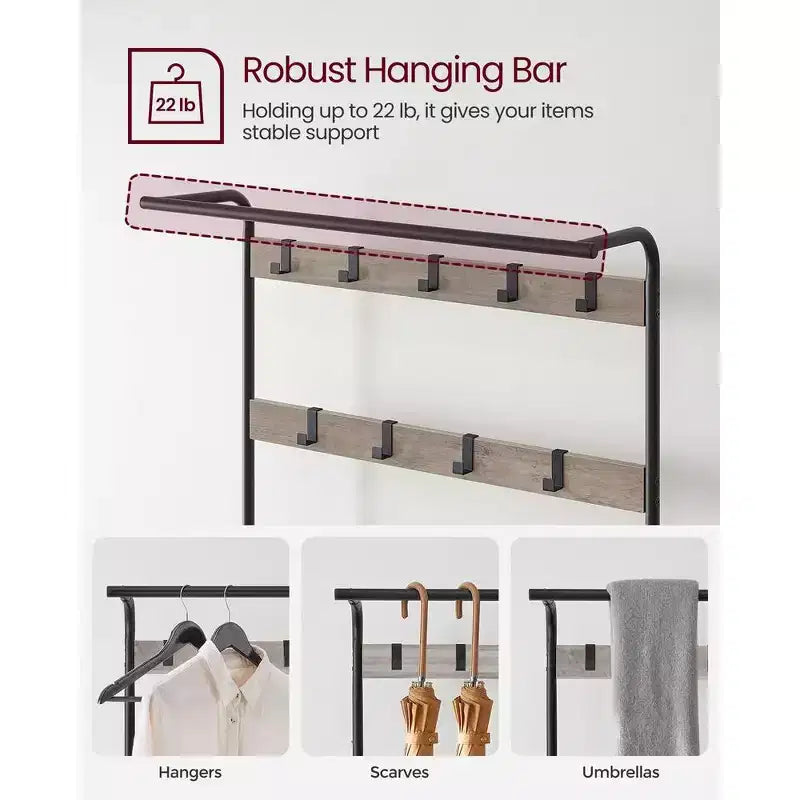 Appendiabiti, Mobile Ingresso con Scarpiera, Panca da Ingresso con Appendiabiti, 4-in-1, con 9 Ganci Rimovibili, un'Asta Appendiabiti