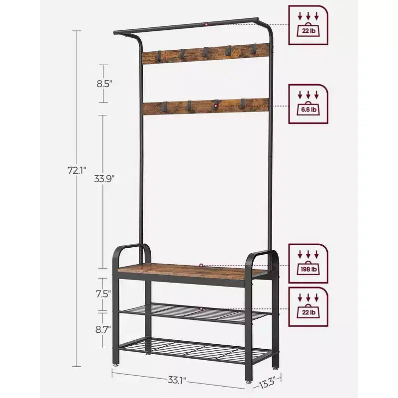 Appendiabiti, Mobile Ingresso con Scarpiera, Panca da Ingresso con Appendiabiti, 4-in-1, con 9 Ganci Rimovibili, un'Asta Appendiabiti