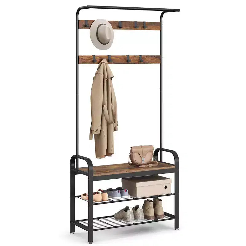Appendiabiti, Mobile Ingresso con Scarpiera, Panca da Ingresso con Appendiabiti, 4-in-1, con 9 Ganci Rimovibili, un'Asta Appendiabiti